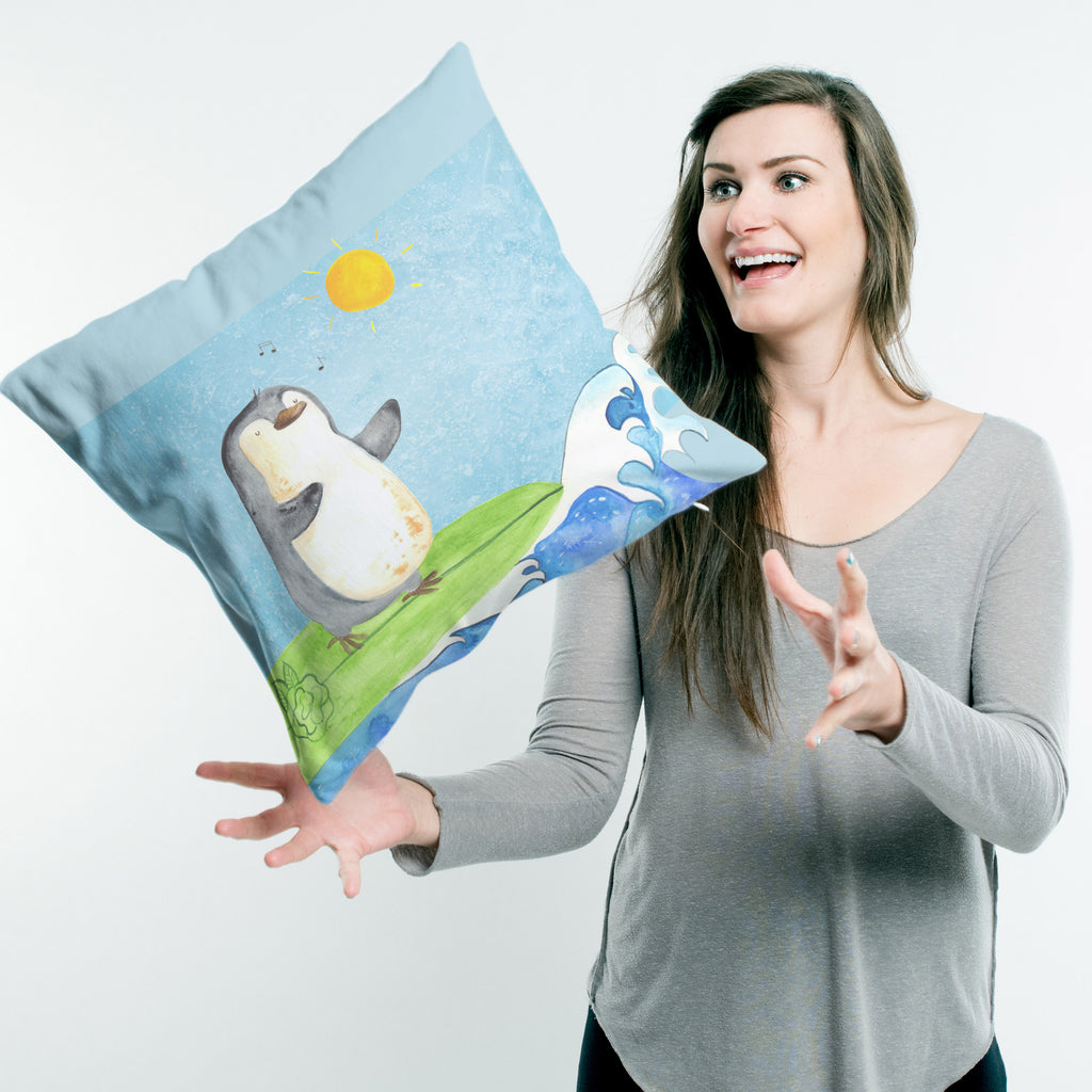 40x40 Kissen Pinguin Surfer Kissenhülle, Kopfkissen, Sofakissen, Dekokissen, Motivkissen, Pinguin, Pinguine, surfen, Surfer, Hawaii, Urlaub, Wellen, Wellen reiten, Portugal