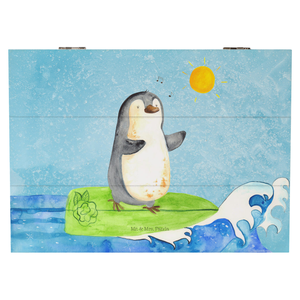 Holzkiste Pinguin Surfer Holzkiste, Kiste, Schatzkiste, Truhe, Schatulle, XXL, Erinnerungsbox, Erinnerungskiste, Dekokiste, Aufbewahrungsbox, Pinguin, Pinguine, surfen, Surfer, Hawaii, Urlaub, Wellen, Wellen reiten, Portugal