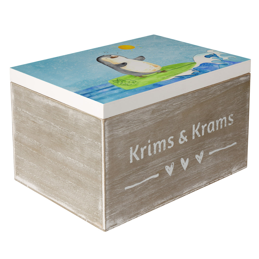 Holzkiste Pinguin Surfer Holzkiste, Kiste, Schatzkiste, Truhe, Schatulle, XXL, Erinnerungsbox, Erinnerungskiste, Dekokiste, Aufbewahrungsbox, Pinguin, Pinguine, surfen, Surfer, Hawaii, Urlaub, Wellen, Wellen reiten, Portugal