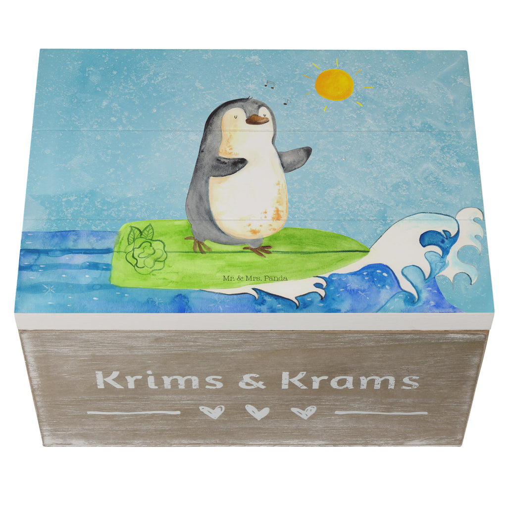 Holzkiste Pinguin Surfer Holzkiste, Kiste, Schatzkiste, Truhe, Schatulle, XXL, Erinnerungsbox, Erinnerungskiste, Dekokiste, Aufbewahrungsbox, Pinguin, Pinguine, surfen, Surfer, Hawaii, Urlaub, Wellen, Wellen reiten, Portugal
