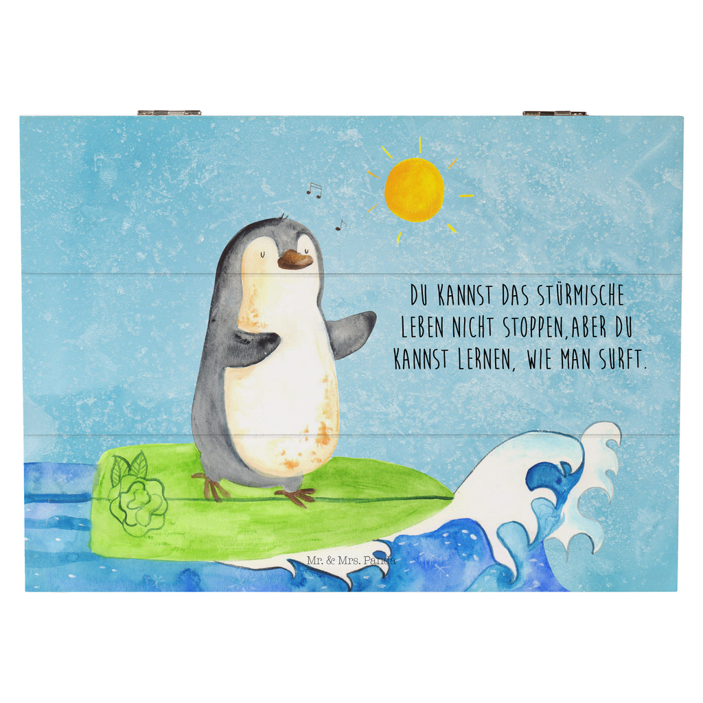 Holzkiste Pinguin Surfer Holzkiste, Kiste, Schatzkiste, Truhe, Schatulle, XXL, Erinnerungsbox, Erinnerungskiste, Dekokiste, Aufbewahrungsbox, Pinguin, Pinguine, surfen, Surfer, Hawaii, Urlaub, Wellen, Wellen reiten, Portugal