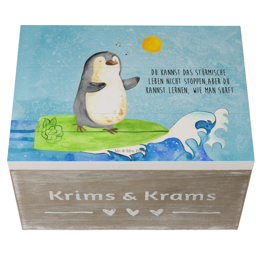 Holzkiste Pinguin Surfer Holzkiste, Kiste, Schatzkiste, Truhe, Schatulle, XXL, Erinnerungsbox, Erinnerungskiste, Dekokiste, Aufbewahrungsbox, Pinguin, Pinguine, surfen, Surfer, Hawaii, Urlaub, Wellen, Wellen reiten, Portugal