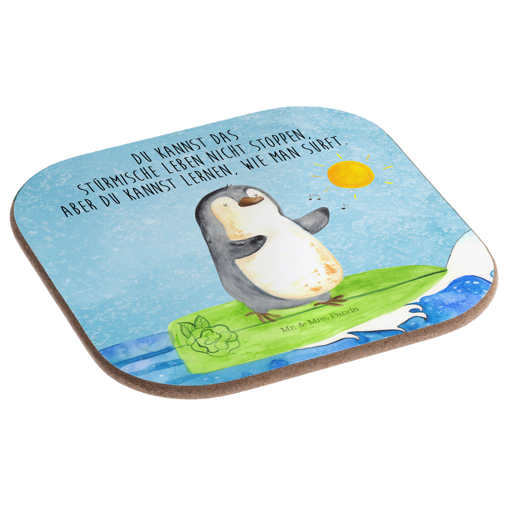 Quadratische Untersetzer Pinguin Surfer Bierdeckel, Glasuntersetzer, Untersetzer Gläser, Getränkeuntersetzer, Pinguin, Pinguine, surfen, Surfer, Hawaii, Urlaub, Wellen, Wellen reiten, Portugal