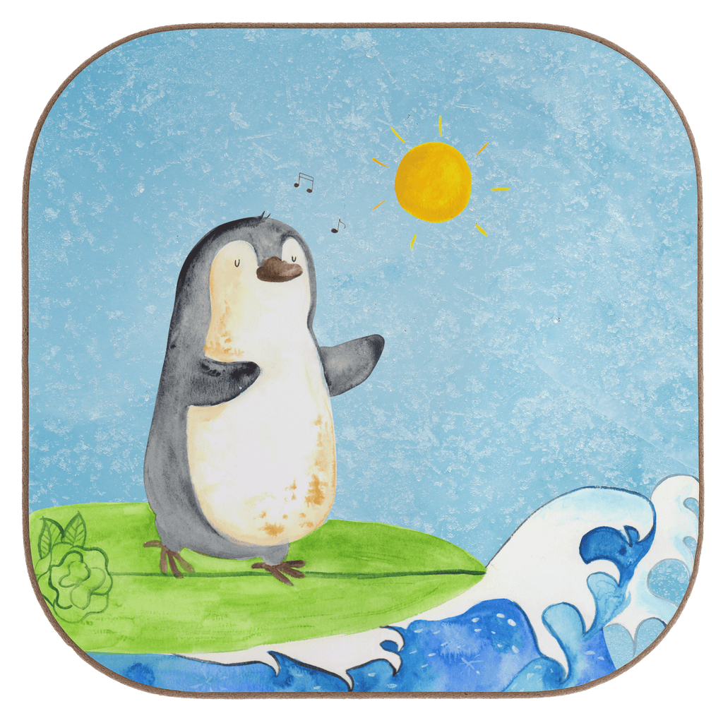 Quadratische Untersetzer Pinguin Surfer Bierdeckel, Glasuntersetzer, Untersetzer Gläser, Getränkeuntersetzer, Pinguin, Pinguine, surfen, Surfer, Hawaii, Urlaub, Wellen, Wellen reiten, Portugal