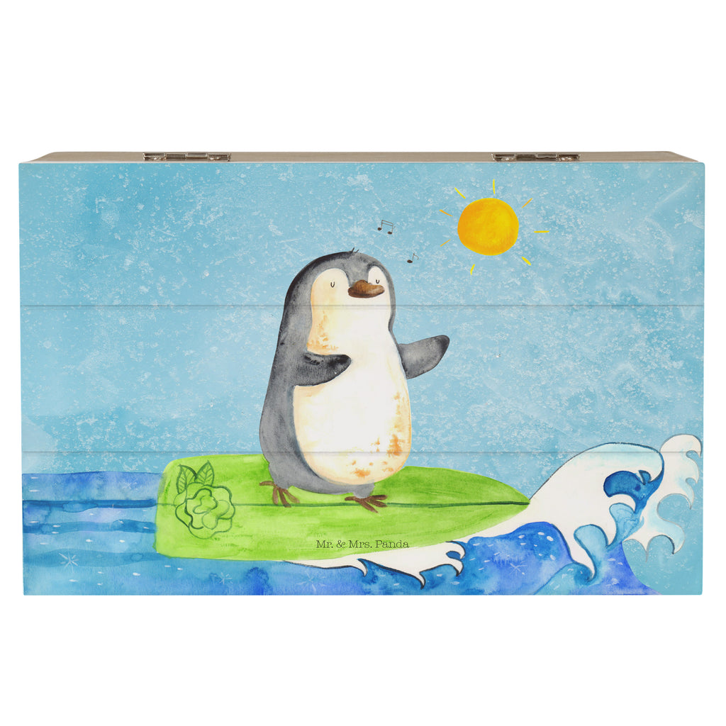 Holzkiste Pinguin Surfer Holzkiste, Kiste, Schatzkiste, Truhe, Schatulle, XXL, Erinnerungsbox, Erinnerungskiste, Dekokiste, Aufbewahrungsbox, Pinguin, Pinguine, surfen, Surfer, Hawaii, Urlaub, Wellen, Wellen reiten, Portugal