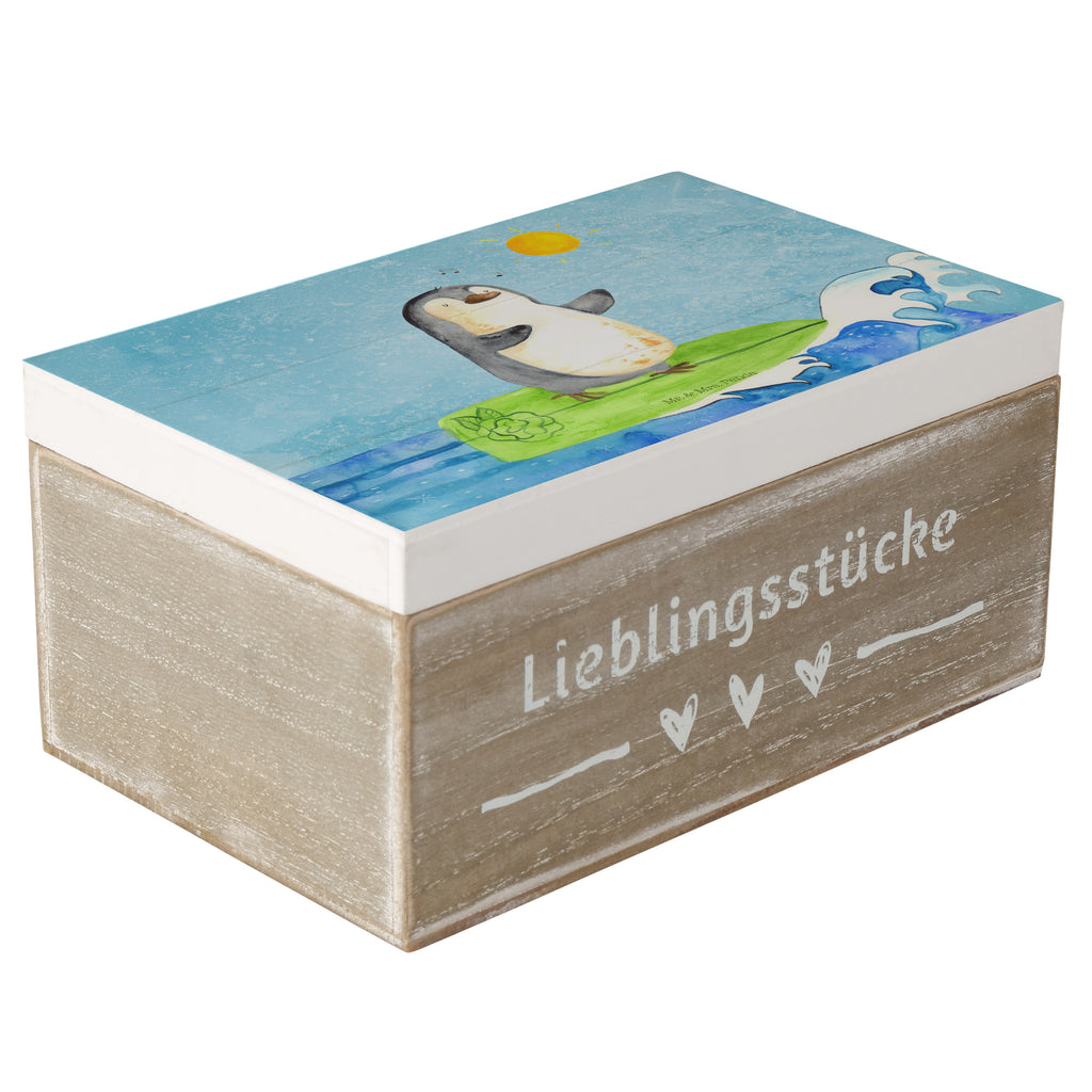 Holzkiste Pinguin Surfer Holzkiste, Kiste, Schatzkiste, Truhe, Schatulle, XXL, Erinnerungsbox, Erinnerungskiste, Dekokiste, Aufbewahrungsbox, Pinguin, Pinguine, surfen, Surfer, Hawaii, Urlaub, Wellen, Wellen reiten, Portugal