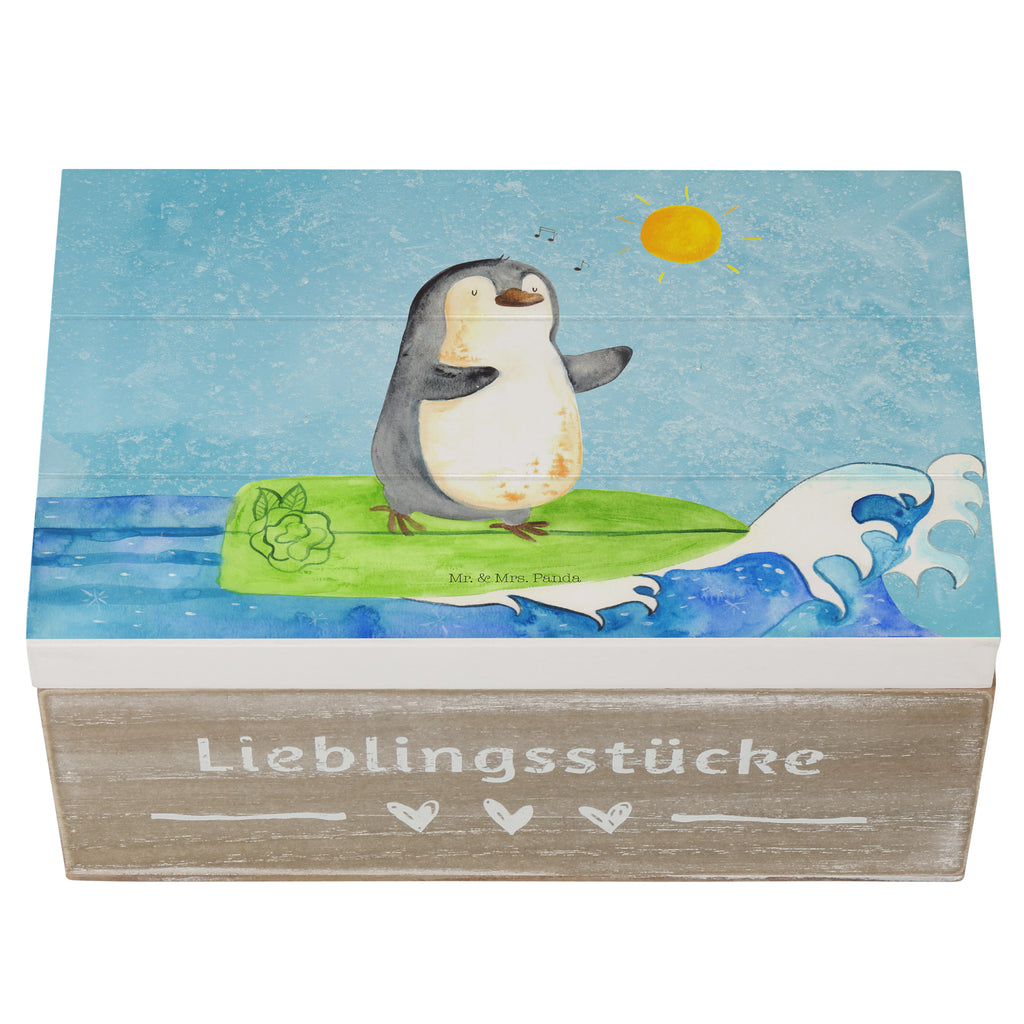 Holzkiste Pinguin Surfer Holzkiste, Kiste, Schatzkiste, Truhe, Schatulle, XXL, Erinnerungsbox, Erinnerungskiste, Dekokiste, Aufbewahrungsbox, Pinguin, Pinguine, surfen, Surfer, Hawaii, Urlaub, Wellen, Wellen reiten, Portugal