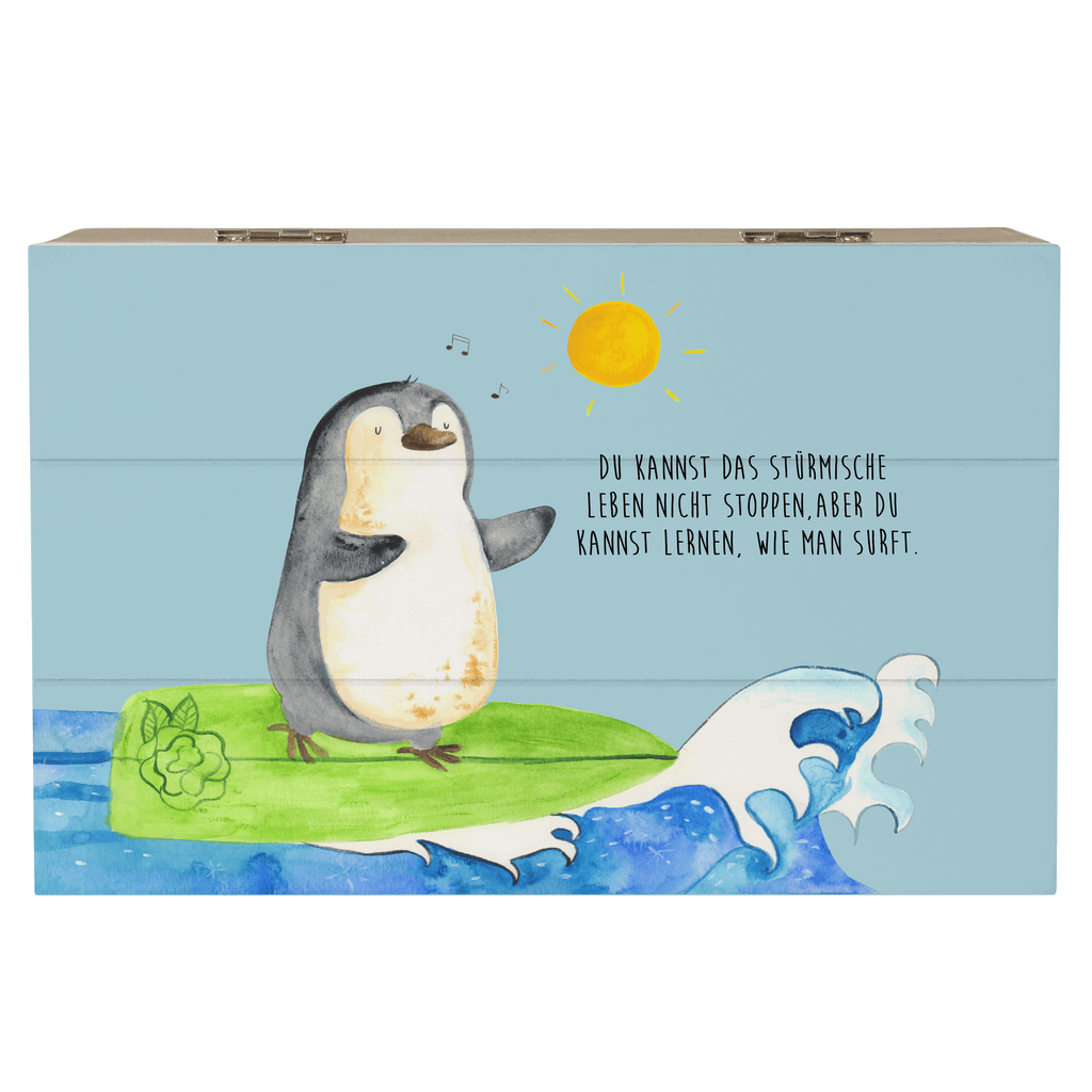 Holzkiste Pinguin Surfer Holzkiste, Kiste, Schatzkiste, Truhe, Schatulle, XXL, Erinnerungsbox, Erinnerungskiste, Dekokiste, Aufbewahrungsbox, Pinguin, Pinguine, surfen, Surfer, Hawaii, Urlaub, Wellen, Wellen reiten, Portugal