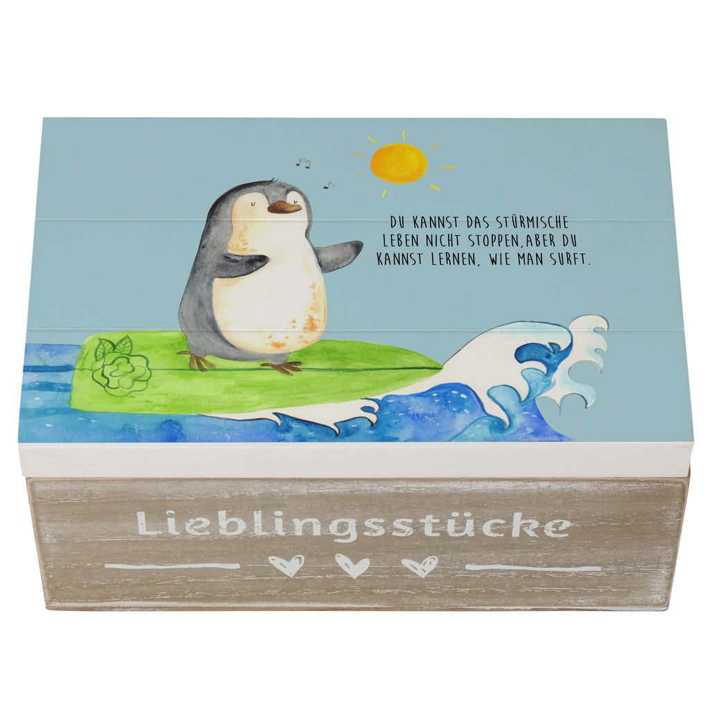 Holzkiste Pinguin Surfer Holzkiste, Kiste, Schatzkiste, Truhe, Schatulle, XXL, Erinnerungsbox, Erinnerungskiste, Dekokiste, Aufbewahrungsbox, Pinguin, Pinguine, surfen, Surfer, Hawaii, Urlaub, Wellen, Wellen reiten, Portugal