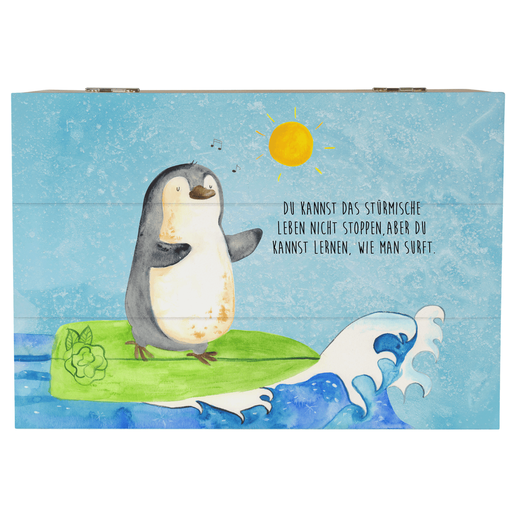 Holzkiste Pinguin Surfer Holzkiste, Kiste, Schatzkiste, Truhe, Schatulle, XXL, Erinnerungsbox, Erinnerungskiste, Dekokiste, Aufbewahrungsbox, Pinguin, Pinguine, surfen, Surfer, Hawaii, Urlaub, Wellen, Wellen reiten, Portugal