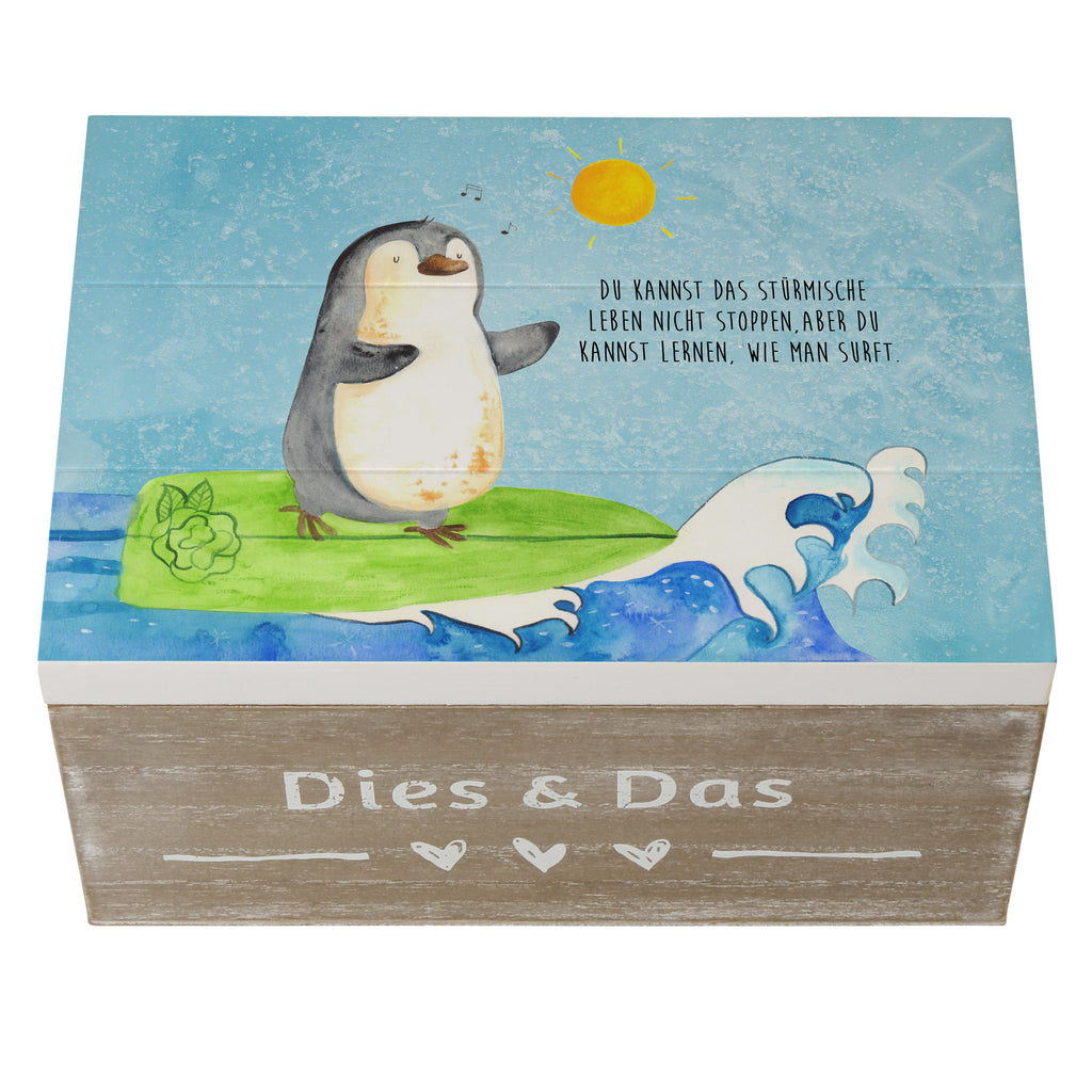 Holzkiste Pinguin Surfer Holzkiste, Kiste, Schatzkiste, Truhe, Schatulle, XXL, Erinnerungsbox, Erinnerungskiste, Dekokiste, Aufbewahrungsbox, Pinguin, Pinguine, surfen, Surfer, Hawaii, Urlaub, Wellen, Wellen reiten, Portugal