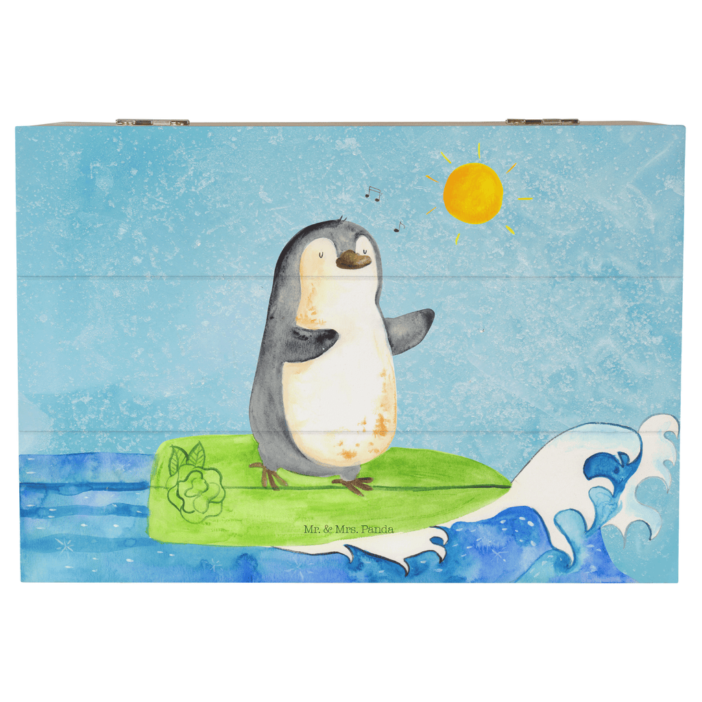 Holzkiste Pinguin Surfer Holzkiste, Kiste, Schatzkiste, Truhe, Schatulle, XXL, Erinnerungsbox, Erinnerungskiste, Dekokiste, Aufbewahrungsbox, Pinguin, Pinguine, surfen, Surfer, Hawaii, Urlaub, Wellen, Wellen reiten, Portugal
