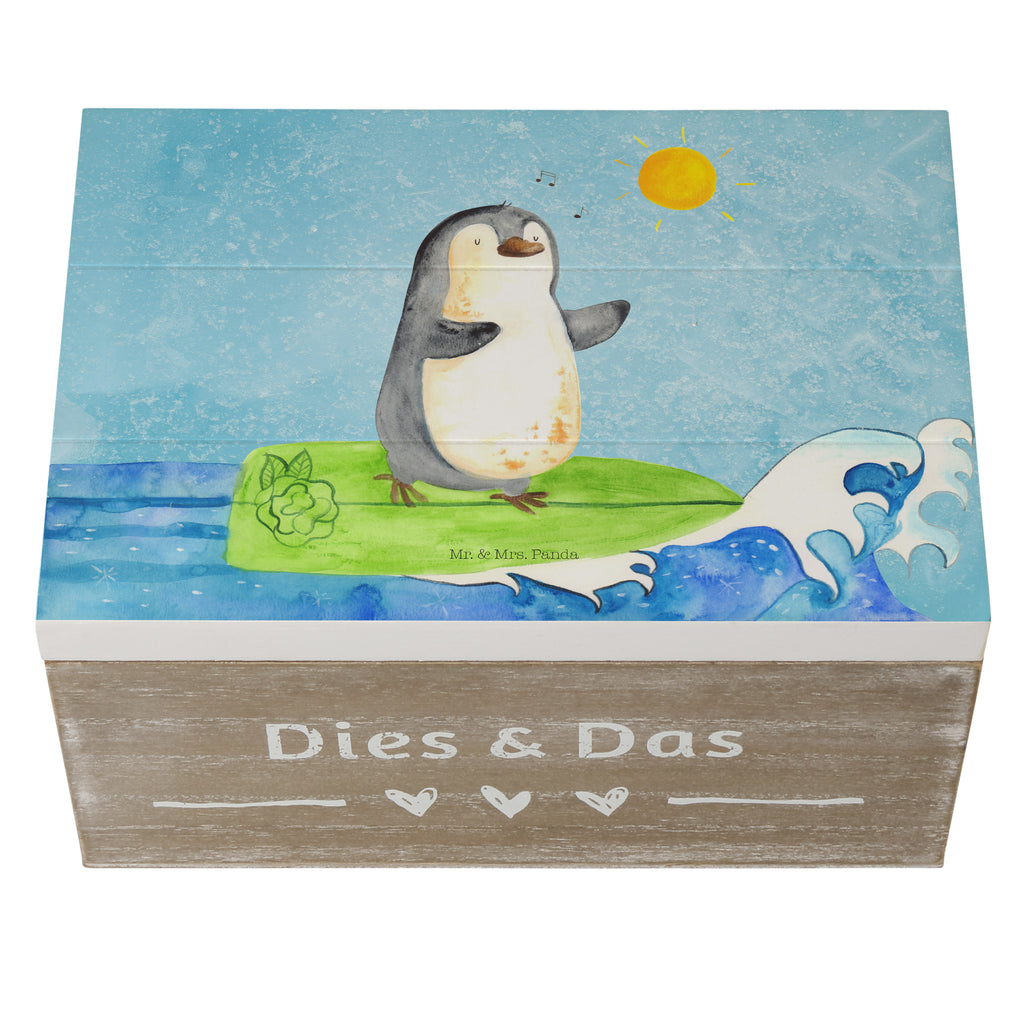 Holzkiste Pinguin Surfer Holzkiste, Kiste, Schatzkiste, Truhe, Schatulle, XXL, Erinnerungsbox, Erinnerungskiste, Dekokiste, Aufbewahrungsbox, Pinguin, Pinguine, surfen, Surfer, Hawaii, Urlaub, Wellen, Wellen reiten, Portugal