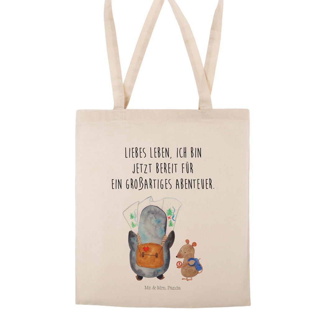 Tragetasche Pinguin & Maus Wanderer Beuteltasche, Beutel, Einkaufstasche, Jutebeutel, Stoffbeutel, Pinguin, Pinguine, Abenteurer, Abenteuer, Roadtrip, Ausflug, Wanderlust, wandern