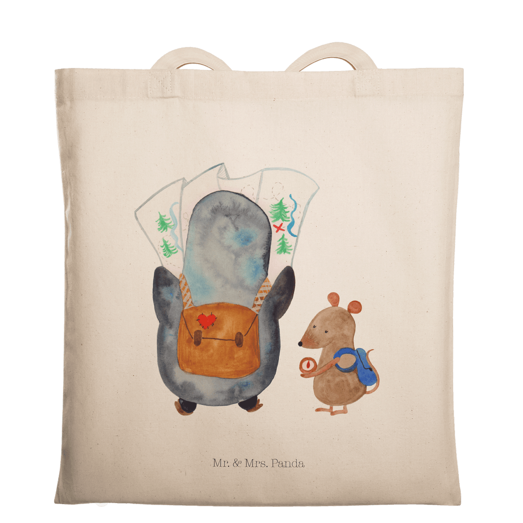 Tragetasche Pinguin & Maus Wanderer Beuteltasche, Beutel, Einkaufstasche, Jutebeutel, Stoffbeutel, Pinguin, Pinguine, Abenteurer, Abenteuer, Roadtrip, Ausflug, Wanderlust, wandern