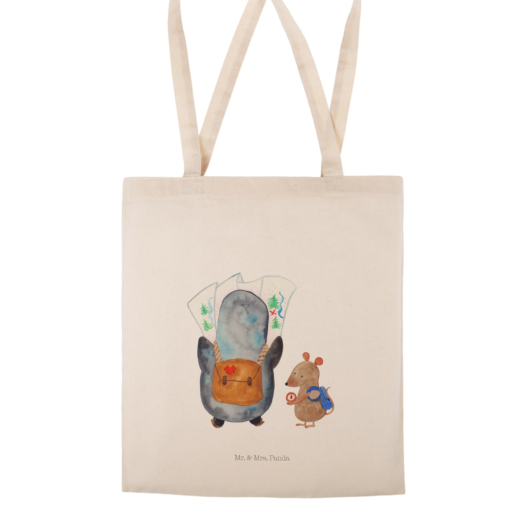 Tragetasche Pinguin & Maus Wanderer Beuteltasche, Beutel, Einkaufstasche, Jutebeutel, Stoffbeutel, Pinguin, Pinguine, Abenteurer, Abenteuer, Roadtrip, Ausflug, Wanderlust, wandern