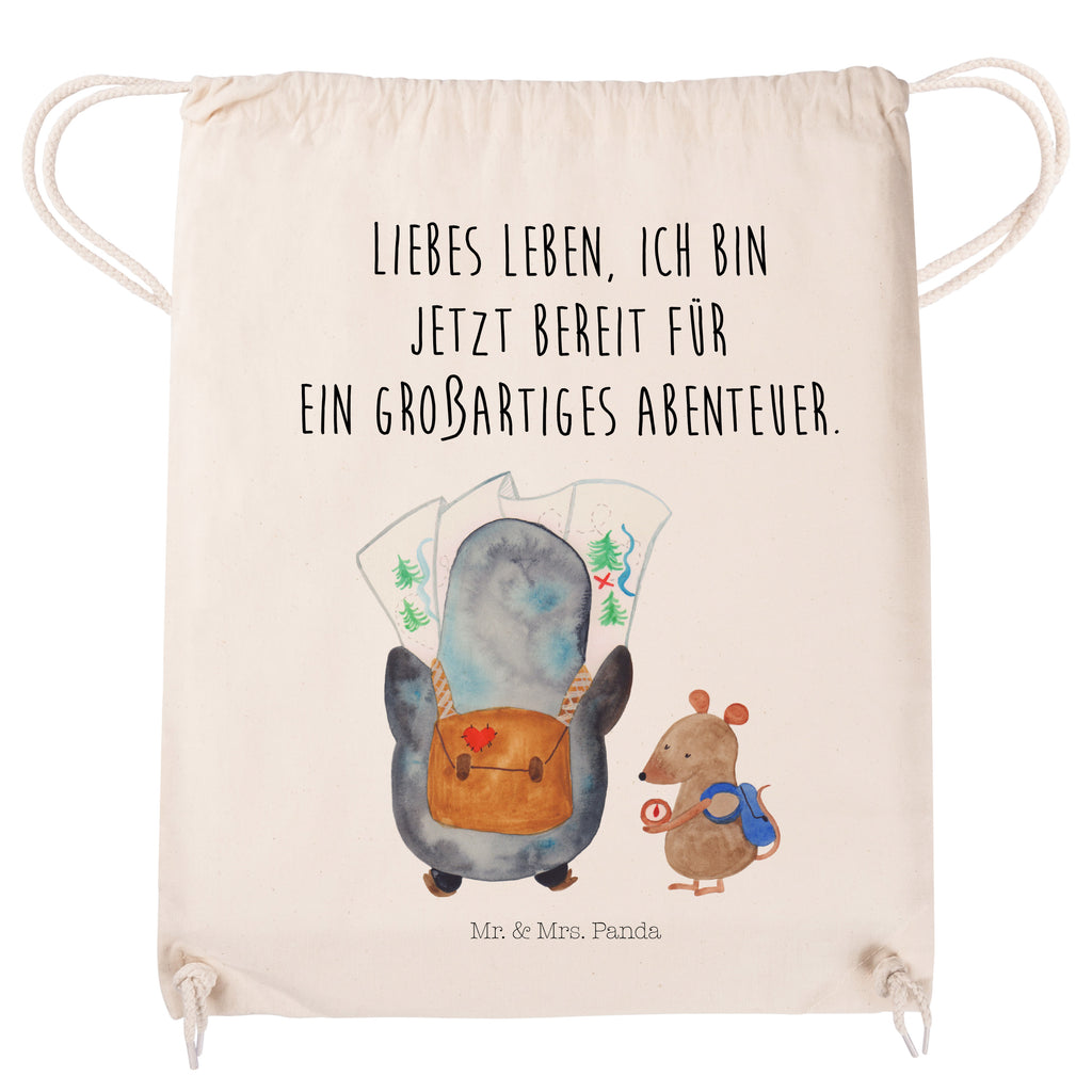Sportbeutel Pinguin & Maus Wanderer Turnbeutel, Beutel, Sporttasche, Tasche, Stoffbeutel, Pinguin, Pinguine, Abenteurer, Abenteuer, Roadtrip, Ausflug, Wanderlust, wandern