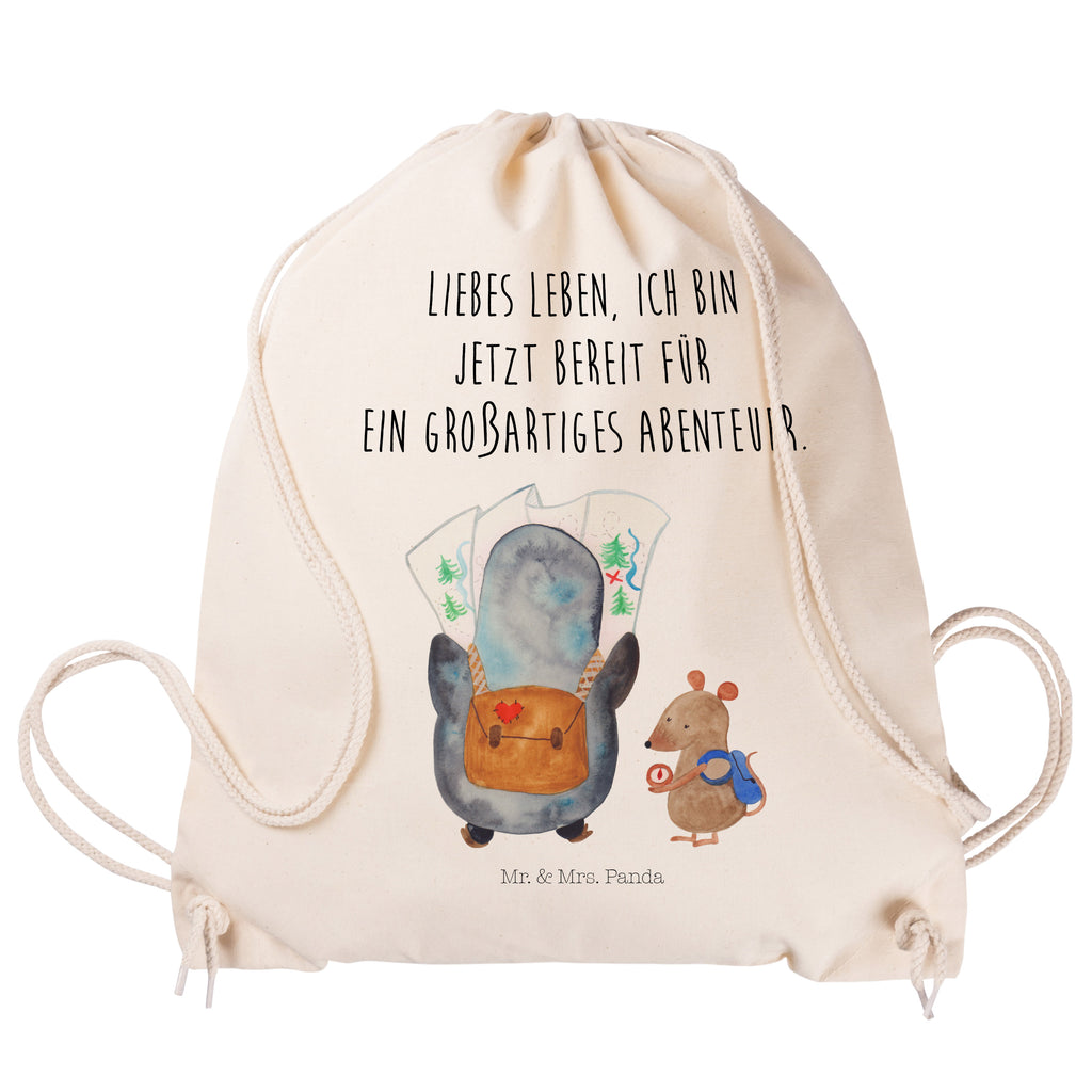Sportbeutel Pinguin & Maus Wanderer Turnbeutel, Beutel, Sporttasche, Tasche, Stoffbeutel, Pinguin, Pinguine, Abenteurer, Abenteuer, Roadtrip, Ausflug, Wanderlust, wandern