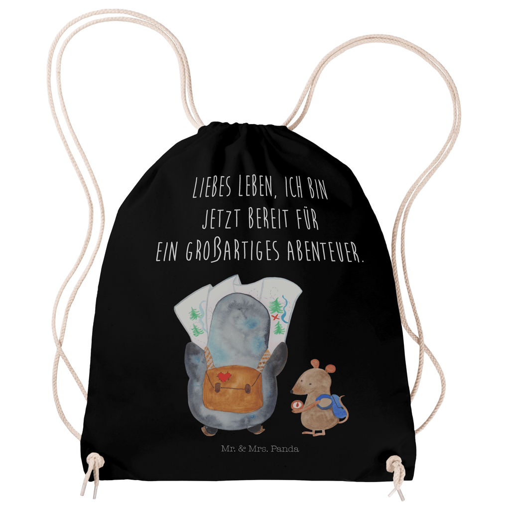 Sportbeutel Pinguin & Maus Wanderer Turnbeutel, Beutel, Sporttasche, Tasche, Stoffbeutel, Pinguin, Pinguine, Abenteurer, Abenteuer, Roadtrip, Ausflug, Wanderlust, wandern
