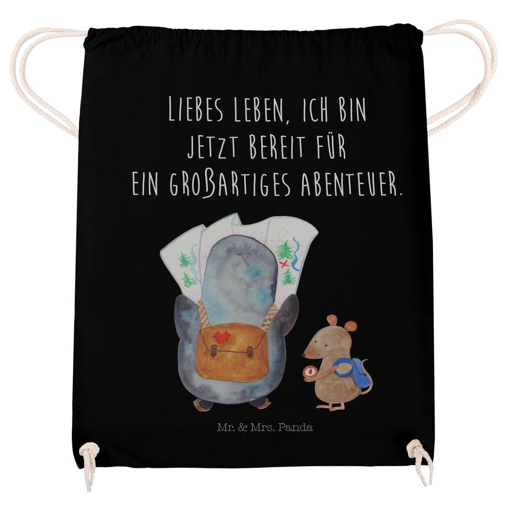 Sportbeutel Pinguin & Maus Wanderer Turnbeutel, Beutel, Sporttasche, Tasche, Stoffbeutel, Pinguin, Pinguine, Abenteurer, Abenteuer, Roadtrip, Ausflug, Wanderlust, wandern