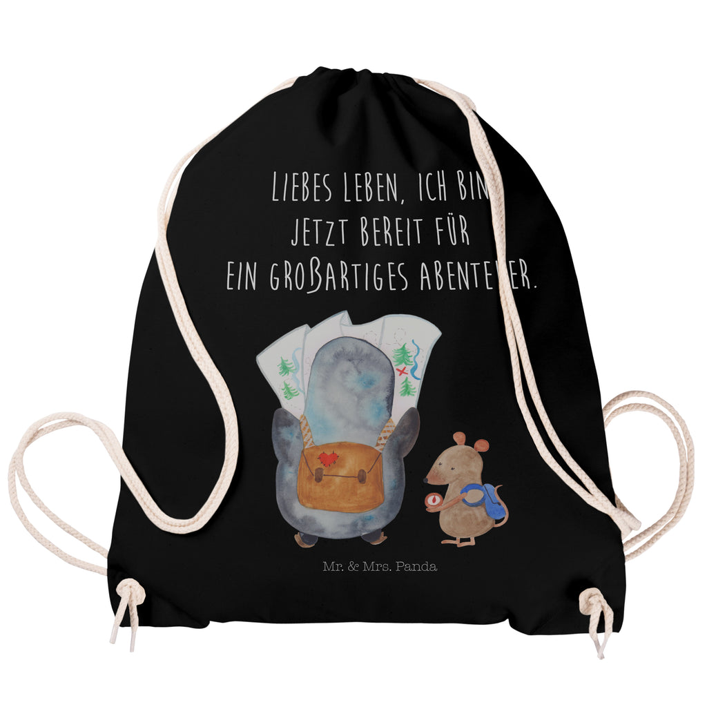 Sportbeutel Pinguin & Maus Wanderer Turnbeutel, Beutel, Sporttasche, Tasche, Stoffbeutel, Pinguin, Pinguine, Abenteurer, Abenteuer, Roadtrip, Ausflug, Wanderlust, wandern