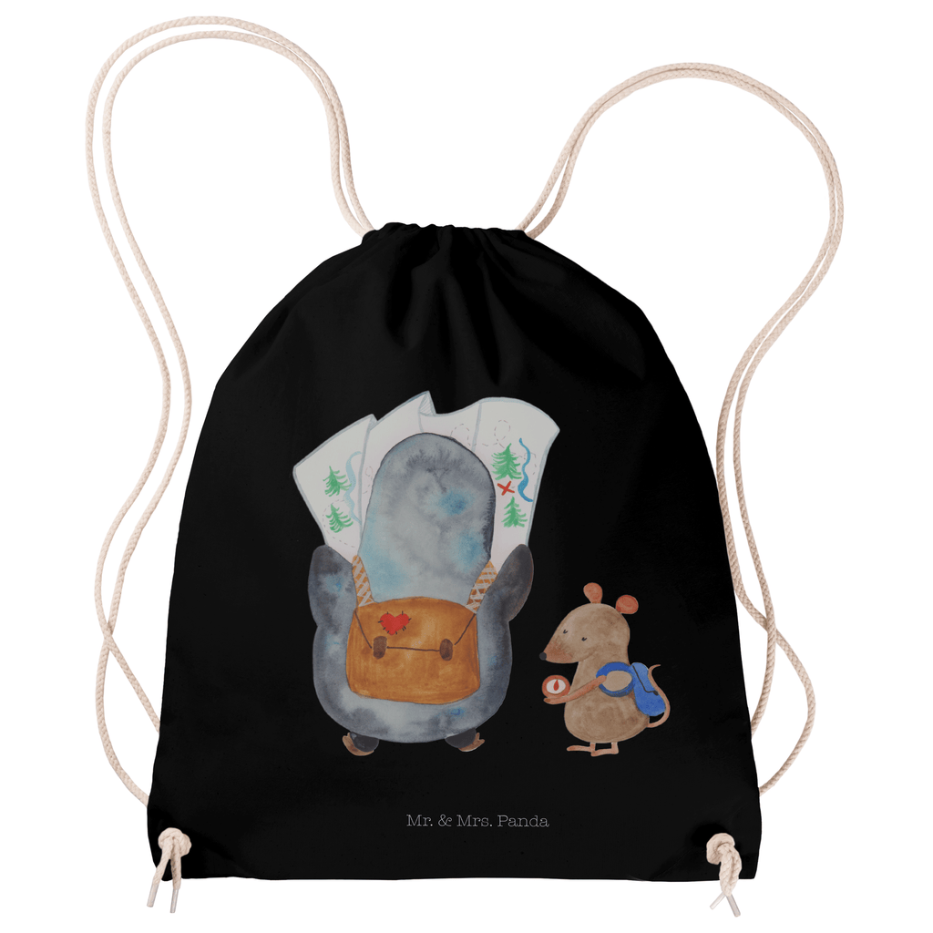 Sportbeutel Pinguin & Maus Wanderer Turnbeutel, Beutel, Sporttasche, Tasche, Stoffbeutel, Pinguin, Pinguine, Abenteurer, Abenteuer, Roadtrip, Ausflug, Wanderlust, wandern