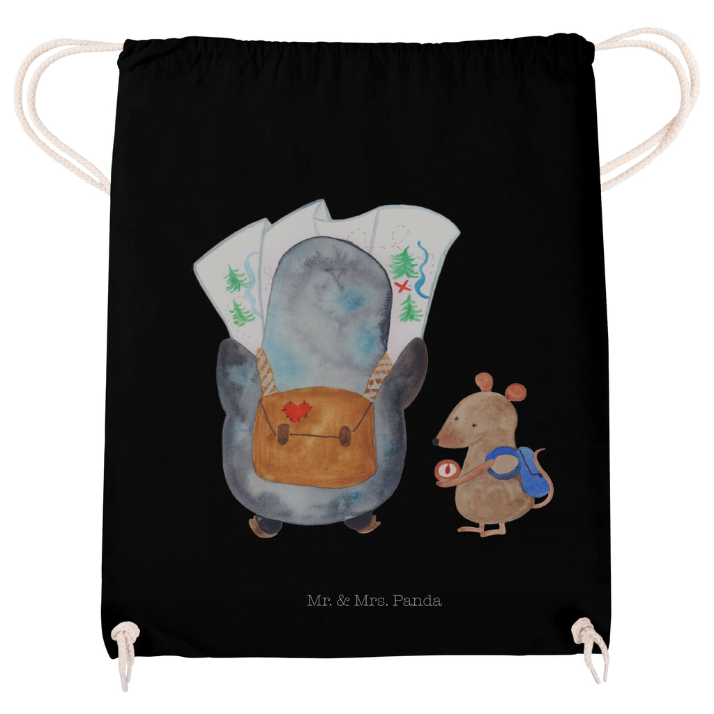 Sportbeutel Pinguin & Maus Wanderer Turnbeutel, Beutel, Sporttasche, Tasche, Stoffbeutel, Pinguin, Pinguine, Abenteurer, Abenteuer, Roadtrip, Ausflug, Wanderlust, wandern