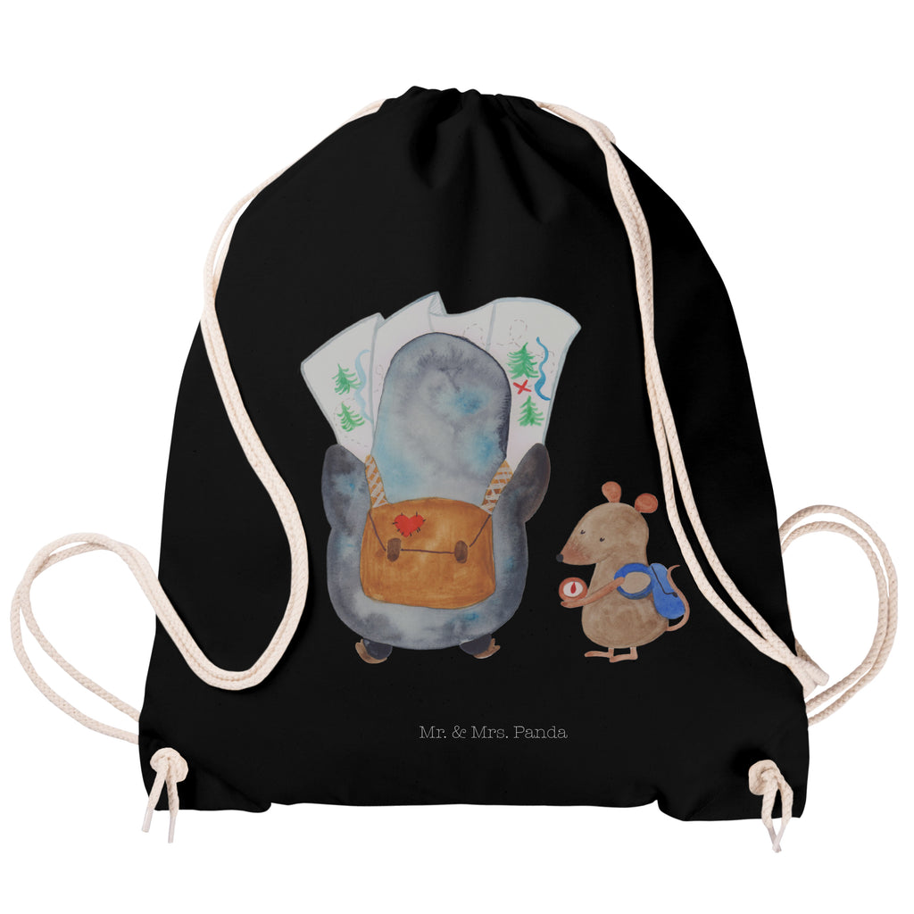 Sportbeutel Pinguin & Maus Wanderer Turnbeutel, Beutel, Sporttasche, Tasche, Stoffbeutel, Pinguin, Pinguine, Abenteurer, Abenteuer, Roadtrip, Ausflug, Wanderlust, wandern