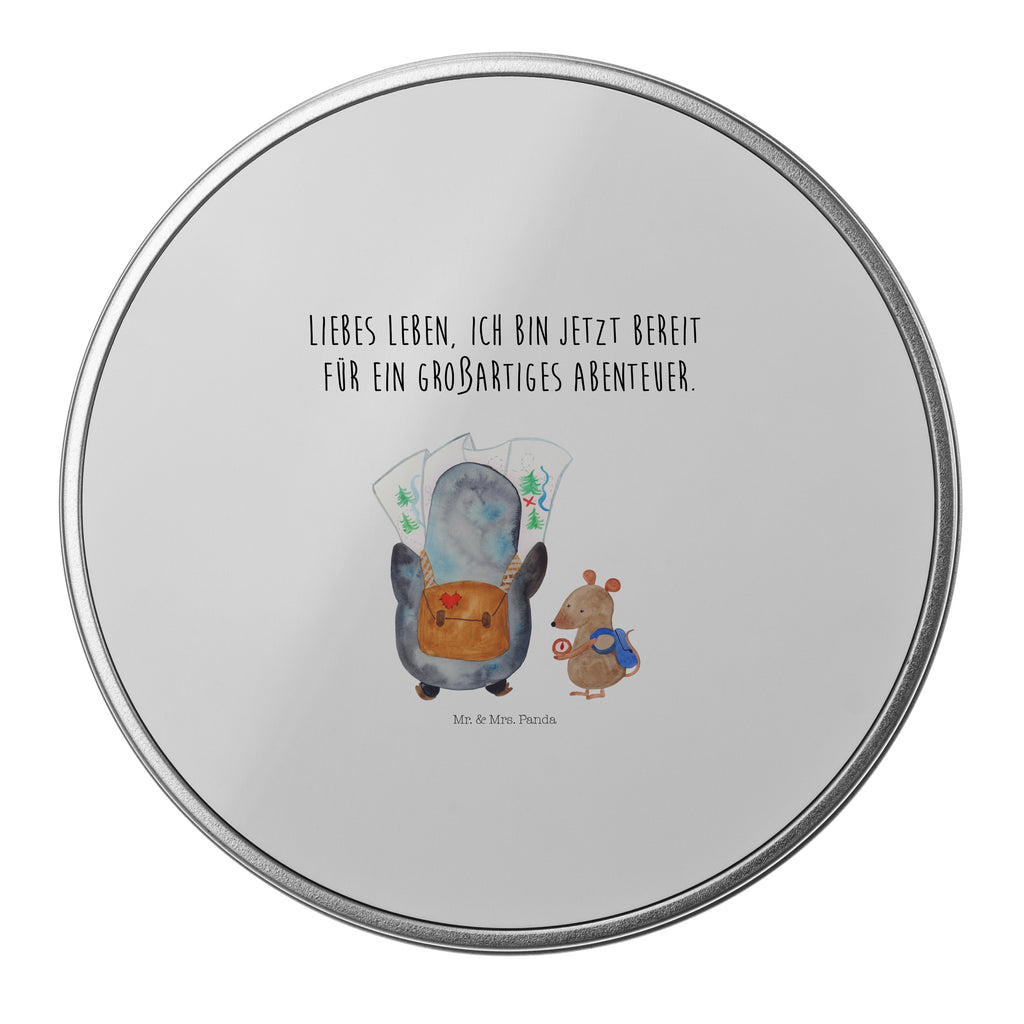 Blechdose rund Pinguin & Maus Wanderer Metalldose, Keksdose, Dose, Vorratsdose, Geschenkbox, Pinguin, Pinguine, Abenteurer, Abenteuer, Roadtrip, Ausflug, Wanderlust, wandern