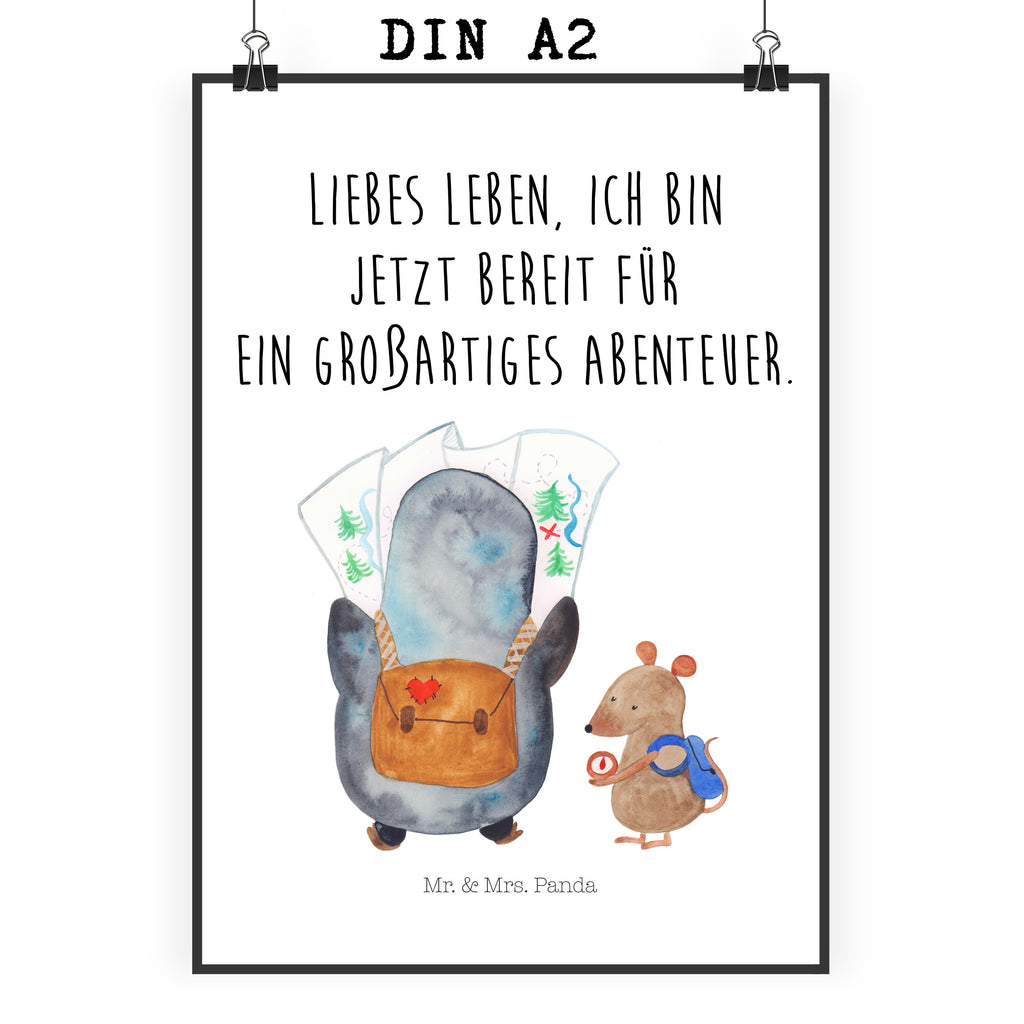 Poster Pinguin & Maus Wanderer Poster, Wandposter, Bild, Wanddeko, Küchenposter, Kinderposter, Wanddeko Bild, Raumdekoration, Wanddekoration, Handgemaltes Poster, Mr. & Mrs. Panda Poster, Designposter, Kunstdruck, Posterdruck, Pinguin, Pinguine, Abenteurer, Abenteuer, Roadtrip, Ausflug, Wanderlust, wandern