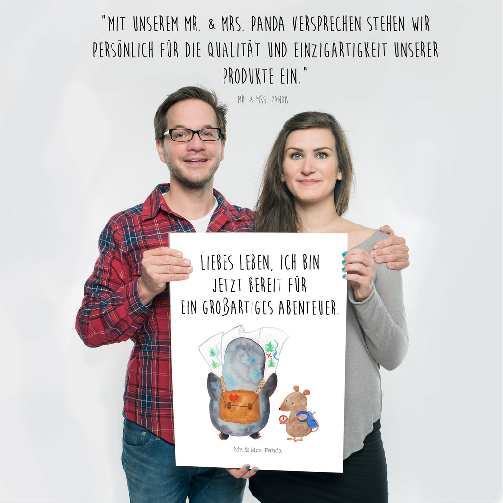 Poster Pinguin & Maus Wanderer Poster, Wandposter, Bild, Wanddeko, Küchenposter, Kinderposter, Wanddeko Bild, Raumdekoration, Wanddekoration, Handgemaltes Poster, Mr. & Mrs. Panda Poster, Designposter, Kunstdruck, Posterdruck, Pinguin, Pinguine, Abenteurer, Abenteuer, Roadtrip, Ausflug, Wanderlust, wandern