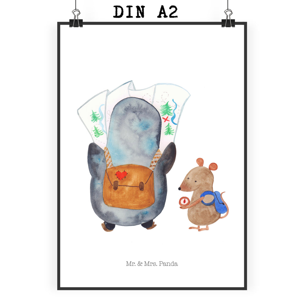 Poster Pinguin & Maus Wanderer Poster, Wandposter, Bild, Wanddeko, Küchenposter, Kinderposter, Wanddeko Bild, Raumdekoration, Wanddekoration, Handgemaltes Poster, Mr. & Mrs. Panda Poster, Designposter, Kunstdruck, Posterdruck, Pinguin, Pinguine, Abenteurer, Abenteuer, Roadtrip, Ausflug, Wanderlust, wandern