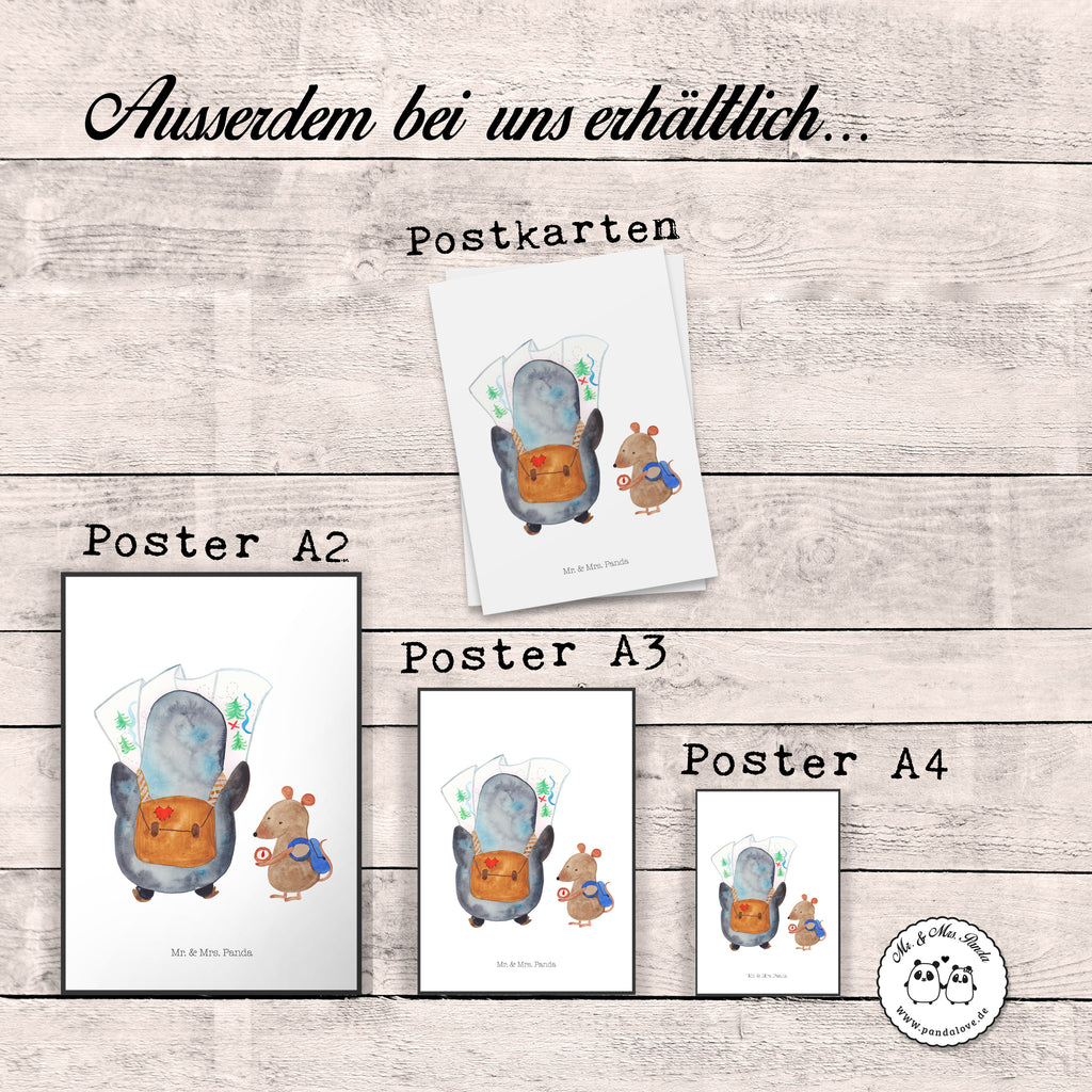 Poster Pinguin & Maus Wanderer Poster, Wandposter, Bild, Wanddeko, Küchenposter, Kinderposter, Wanddeko Bild, Raumdekoration, Wanddekoration, Handgemaltes Poster, Mr. & Mrs. Panda Poster, Designposter, Kunstdruck, Posterdruck, Pinguin, Pinguine, Abenteurer, Abenteuer, Roadtrip, Ausflug, Wanderlust, wandern
