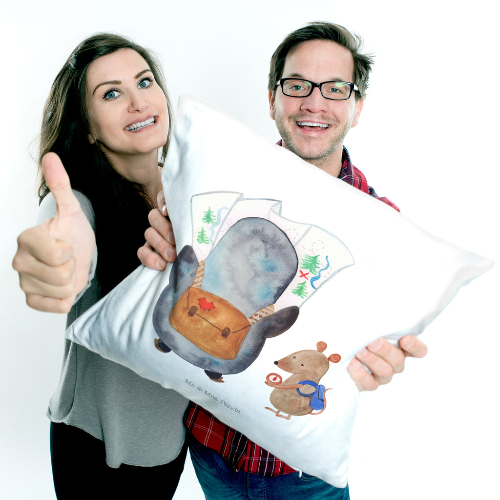 40x40 Kissen Pinguin & Maus Wanderer Kissenhülle, Kopfkissen, Sofakissen, Dekokissen, Motivkissen, Pinguin, Pinguine, Abenteurer, Abenteuer, Roadtrip, Ausflug, Wanderlust, wandern