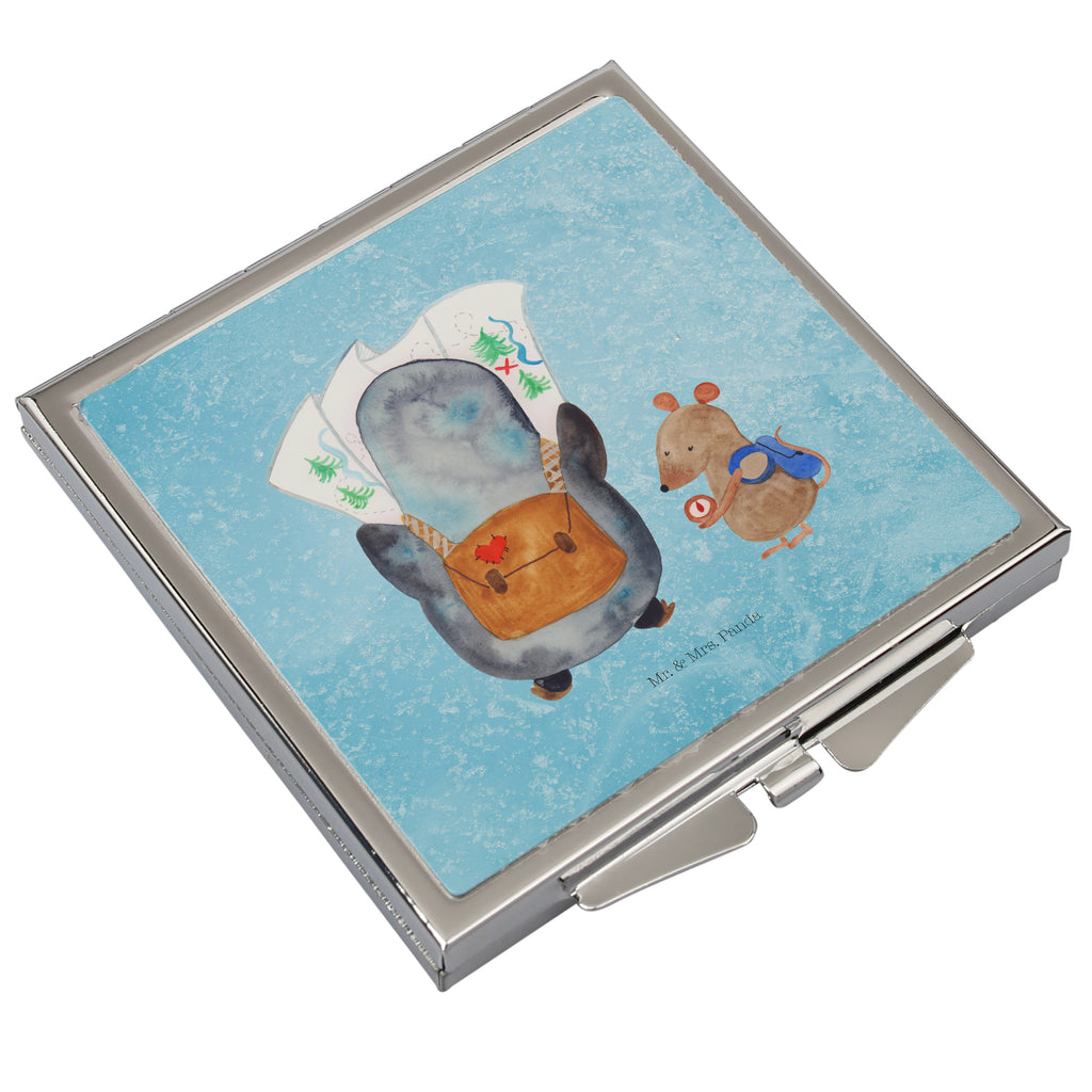 Handtaschenspiegel quadratisch Pinguin & Maus Wanderer Spiegel, Handtasche, Quadrat, silber, schminken, Schminkspiegel, Pinguin, Pinguine, Abenteurer, Abenteuer, Roadtrip, Ausflug, Wanderlust, wandern