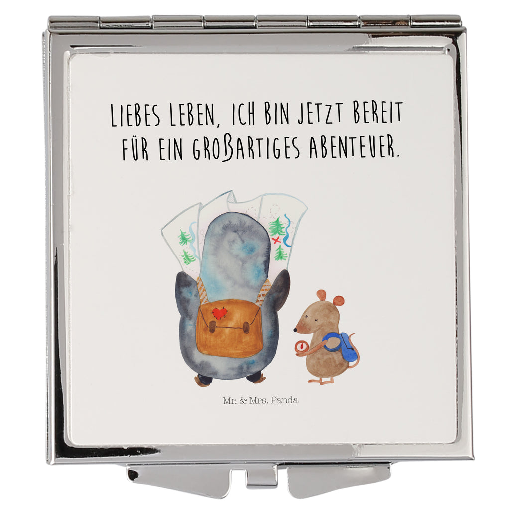 Handtaschenspiegel quadratisch Pinguin & Maus Wanderer Spiegel, Handtasche, Quadrat, silber, schminken, Schminkspiegel, Pinguin, Pinguine, Abenteurer, Abenteuer, Roadtrip, Ausflug, Wanderlust, wandern
