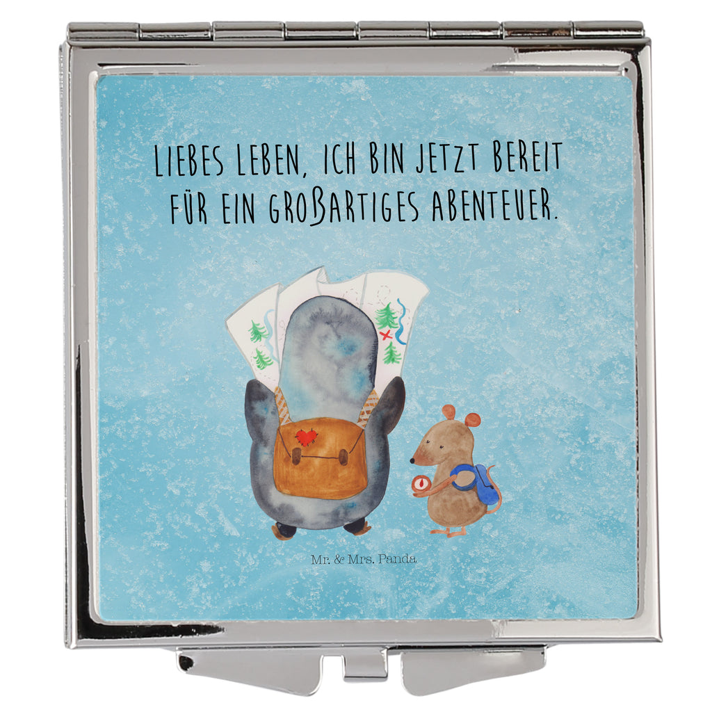 Handtaschenspiegel quadratisch Pinguin & Maus Wanderer Spiegel, Handtasche, Quadrat, silber, schminken, Schminkspiegel, Pinguin, Pinguine, Abenteurer, Abenteuer, Roadtrip, Ausflug, Wanderlust, wandern