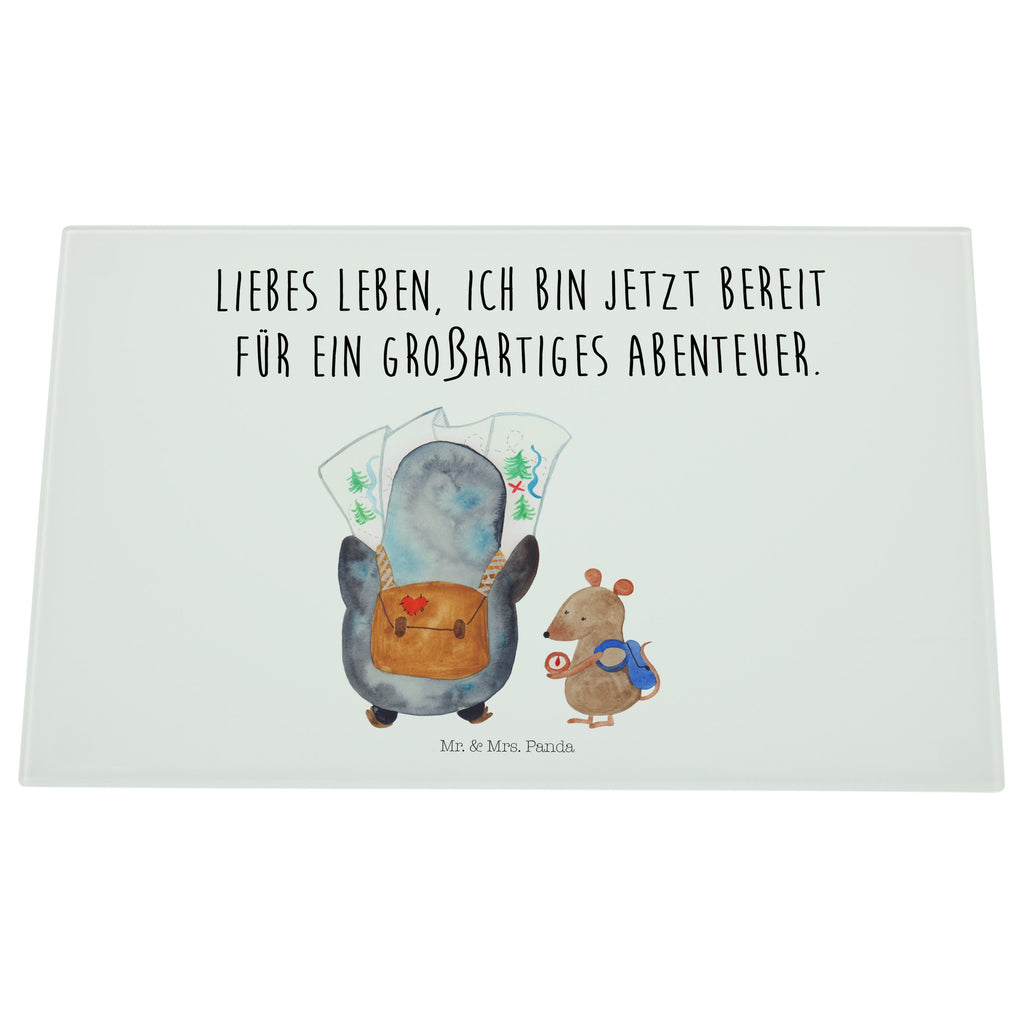 Medium Glas Schneidbrett Pinguin & Maus Wanderer Glasschneidebrett, Schneidebrett, Pinguin, Pinguine, Abenteurer, Abenteuer, Roadtrip, Ausflug, Wanderlust, wandern