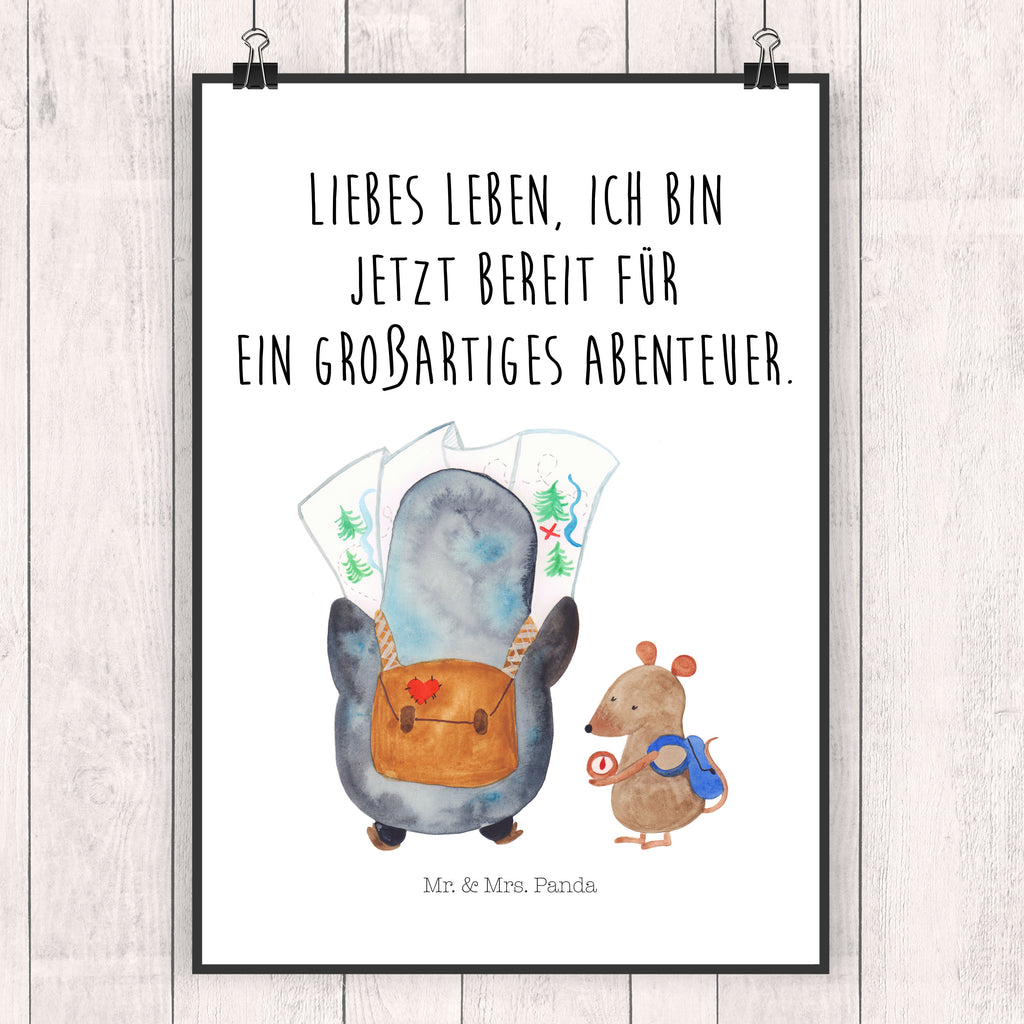 Poster Pinguin & Maus Wanderer Poster, Wandposter, Bild, Wanddeko, Küchenposter, Kinderposter, Wanddeko Bild, Raumdekoration, Wanddekoration, Handgemaltes Poster, Mr. & Mrs. Panda Poster, Designposter, Kunstdruck, Posterdruck, Pinguin, Pinguine, Abenteurer, Abenteuer, Roadtrip, Ausflug, Wanderlust, wandern
