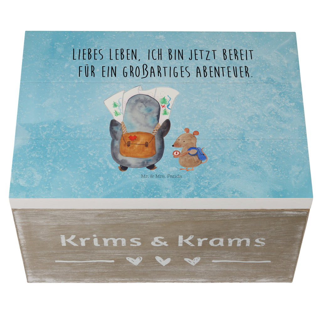 Holzkiste Pinguin & Maus Wanderer Holzkiste, Kiste, Schatzkiste, Truhe, Schatulle, XXL, Erinnerungsbox, Erinnerungskiste, Dekokiste, Aufbewahrungsbox, Pinguin, Pinguine, Abenteurer, Abenteuer, Roadtrip, Ausflug, Wanderlust, wandern