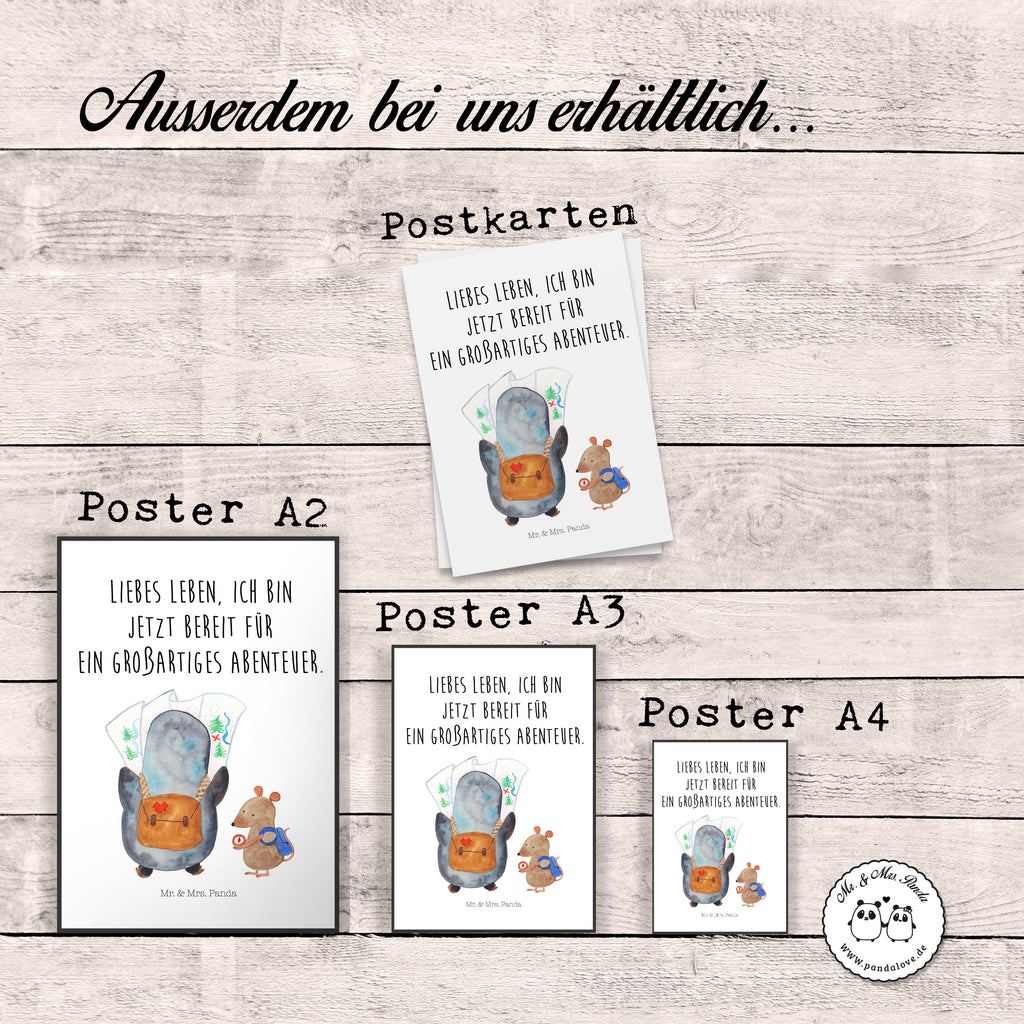Poster Pinguin & Maus Wanderer Poster, Wandposter, Bild, Wanddeko, Küchenposter, Kinderposter, Wanddeko Bild, Raumdekoration, Wanddekoration, Handgemaltes Poster, Mr. & Mrs. Panda Poster, Designposter, Kunstdruck, Posterdruck, Pinguin, Pinguine, Abenteurer, Abenteuer, Roadtrip, Ausflug, Wanderlust, wandern