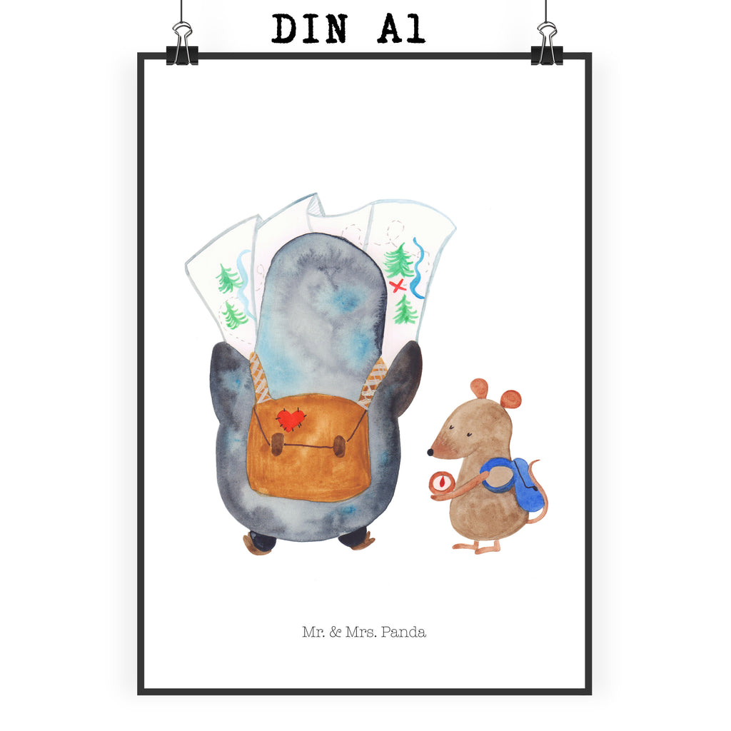 Poster Pinguin & Maus Wanderer Poster, Wandposter, Bild, Wanddeko, Küchenposter, Kinderposter, Wanddeko Bild, Raumdekoration, Wanddekoration, Handgemaltes Poster, Mr. & Mrs. Panda Poster, Designposter, Kunstdruck, Posterdruck, Pinguin, Pinguine, Abenteurer, Abenteuer, Roadtrip, Ausflug, Wanderlust, wandern