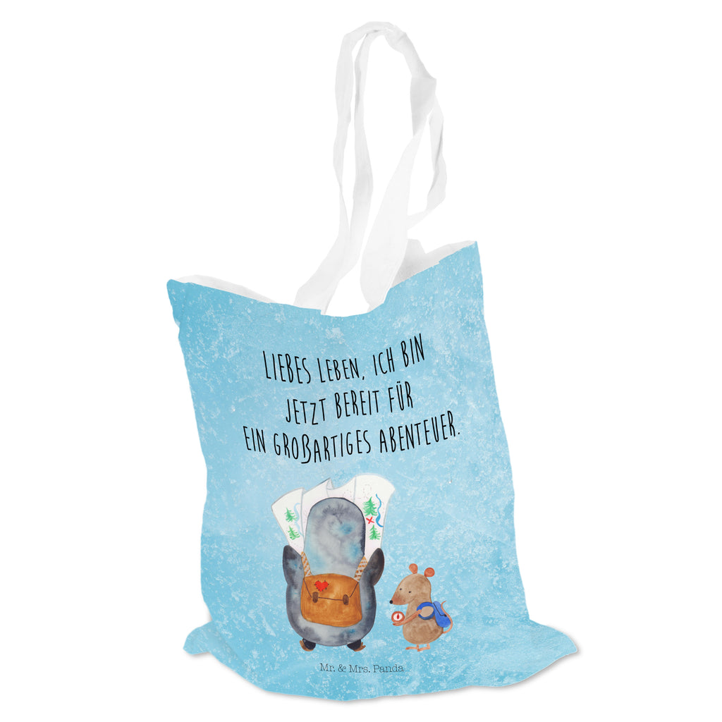 Tragetasche Pinguin & Maus Wanderer Beuteltasche, Beutel, Einkaufstasche, Jutebeutel, Stoffbeutel, Pinguin, Pinguine, Abenteurer, Abenteuer, Roadtrip, Ausflug, Wanderlust, wandern