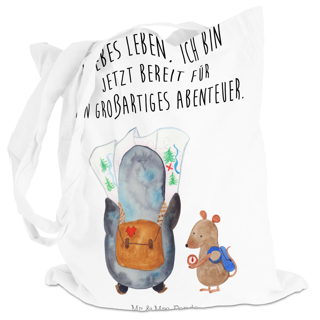 Tragetasche Pinguin & Maus Wanderer Beuteltasche, Beutel, Einkaufstasche, Jutebeutel, Stoffbeutel, Pinguin, Pinguine, Abenteurer, Abenteuer, Roadtrip, Ausflug, Wanderlust, wandern