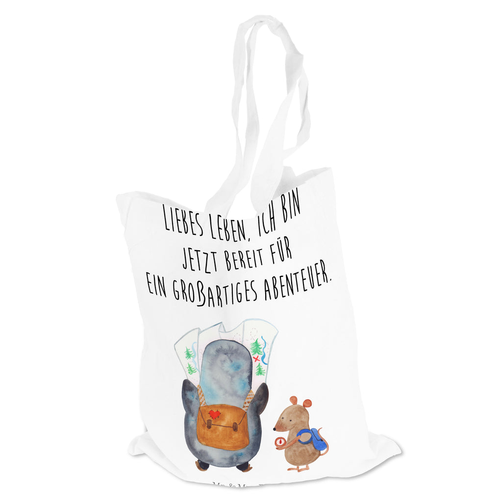 Tragetasche Pinguin & Maus Wanderer Beuteltasche, Beutel, Einkaufstasche, Jutebeutel, Stoffbeutel, Pinguin, Pinguine, Abenteurer, Abenteuer, Roadtrip, Ausflug, Wanderlust, wandern