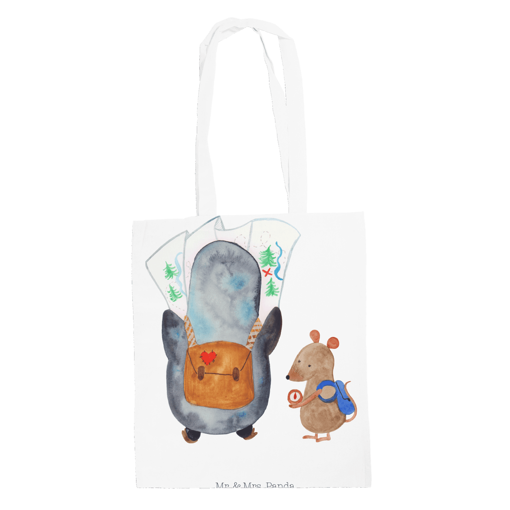 Tragetasche Pinguin & Maus Wanderer Beuteltasche, Beutel, Einkaufstasche, Jutebeutel, Stoffbeutel, Pinguin, Pinguine, Abenteurer, Abenteuer, Roadtrip, Ausflug, Wanderlust, wandern