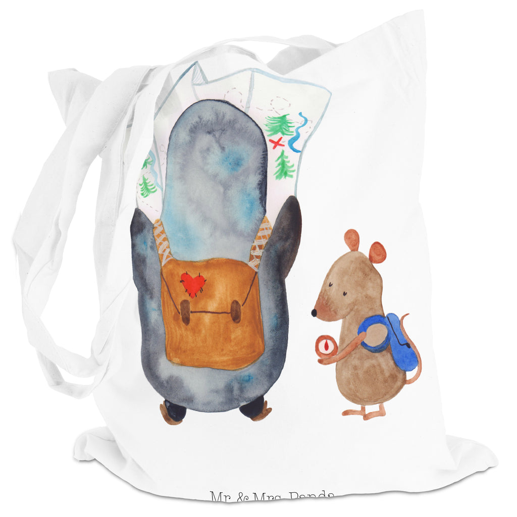 Tragetasche Pinguin & Maus Wanderer Beuteltasche, Beutel, Einkaufstasche, Jutebeutel, Stoffbeutel, Pinguin, Pinguine, Abenteurer, Abenteuer, Roadtrip, Ausflug, Wanderlust, wandern
