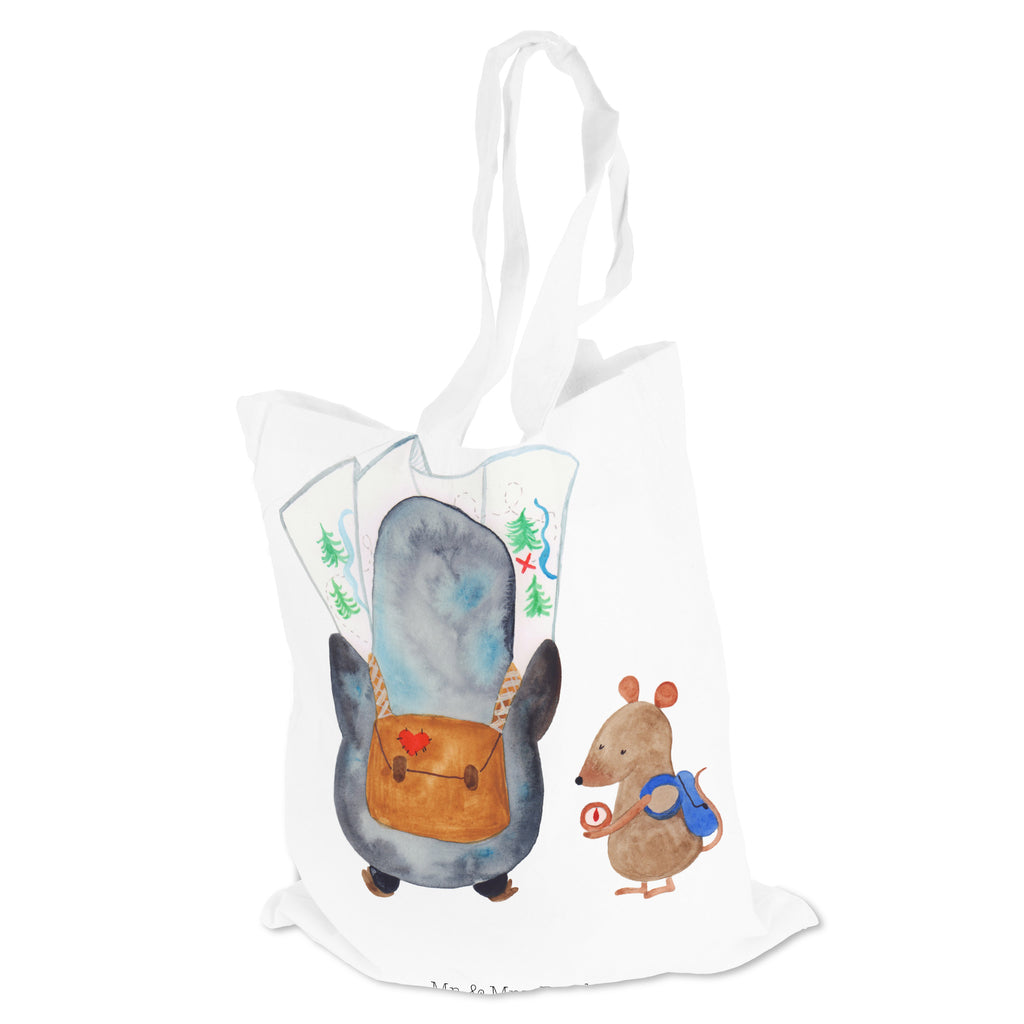 Tragetasche Pinguin & Maus Wanderer Beuteltasche, Beutel, Einkaufstasche, Jutebeutel, Stoffbeutel, Pinguin, Pinguine, Abenteurer, Abenteuer, Roadtrip, Ausflug, Wanderlust, wandern