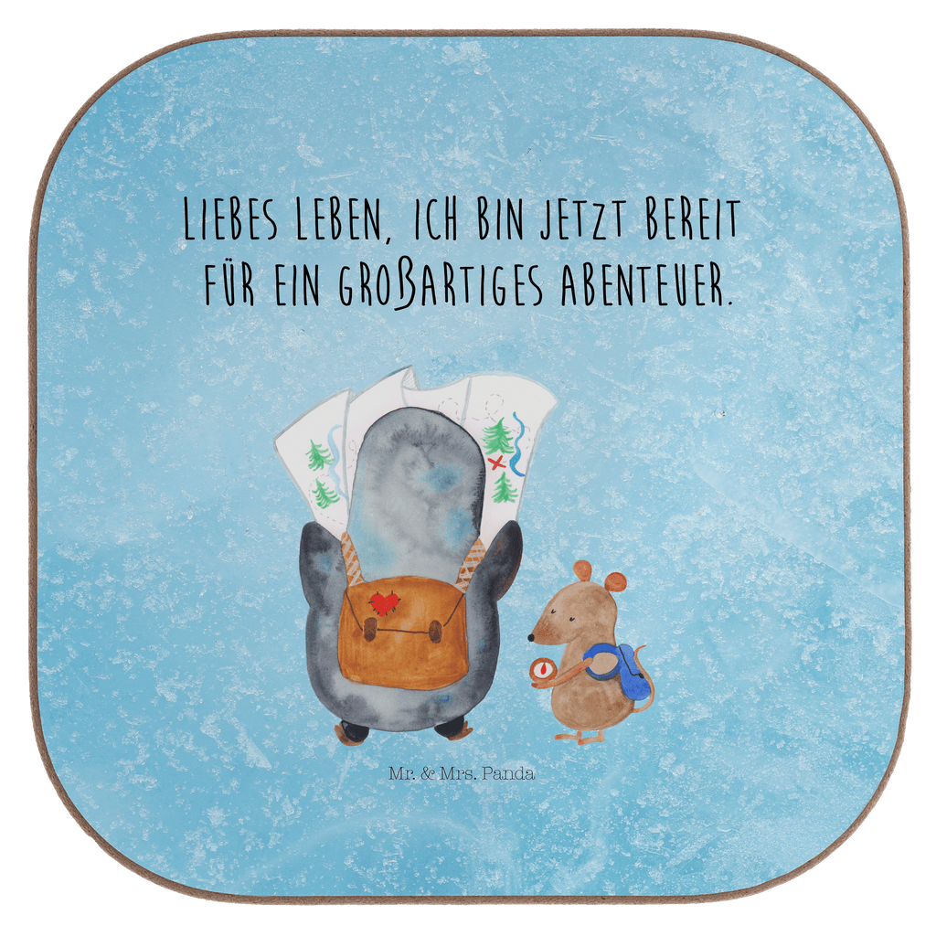 Quadratische Untersetzer Pinguin & Maus Wanderer Bierdeckel, Glasuntersetzer, Untersetzer Gläser, Getränkeuntersetzer, Pinguin, Pinguine, Abenteurer, Abenteuer, Roadtrip, Ausflug, Wanderlust, wandern