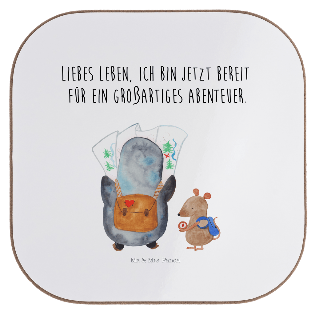 Quadratische Untersetzer Pinguin & Maus Wanderer Bierdeckel, Glasuntersetzer, Untersetzer Gläser, Getränkeuntersetzer, Pinguin, Pinguine, Abenteurer, Abenteuer, Roadtrip, Ausflug, Wanderlust, wandern